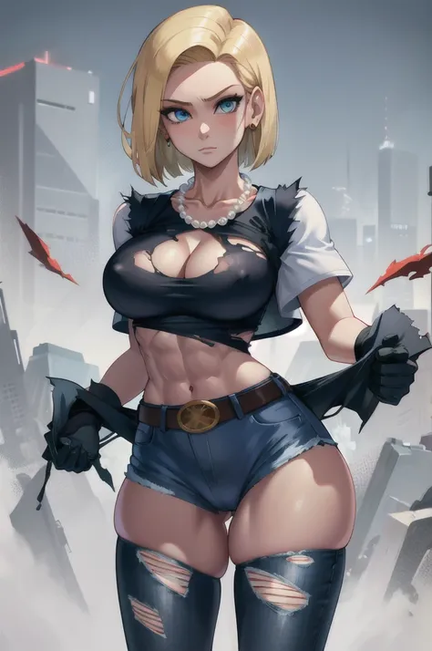 Best Quality, High Definition, and18, 1girl, Android 18, Alone, Blonde Hair, Blue Eyes, Belt, Very Tight Ripped Jeans, Pearl Necklace, Bracelet, Black Gloves, Lots of Cleavage, Very Ripped Short White Micro Shirt, Hard Nipples, Short Hair, Short Sleeves, E...