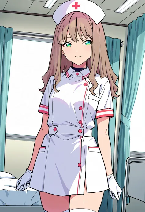 Score_9, score_8_up, score_7_up, source_anime, 1girl, yume minami_1, brown hair, long hair, green eyes, small breasts, (best quality), (high quality), {masterpiece}, extremely delicate and beautiful, ultra-detailed, beautiful detailed eyes, nurse, nurse ha...