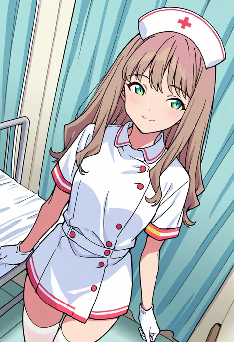 Score_9, score_8_up, score_7_up, source_anime, 1girl, yume minami_1, brown hair, long hair, green eyes, small breasts, (best quality), (high quality), {masterpiece}, extremely delicate and beautiful, ultra-detailed, beautiful detailed eyes, nurse, nurse ha...