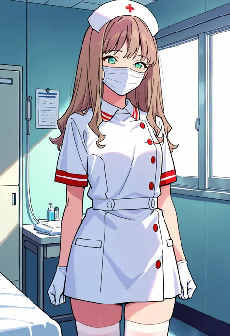 Score_9, score_8_up, score_7_up, source_anime, 1girl, yume minami_1, brown hair, long hair, green eyes, small breasts, (best quality), (high quality), {masterpiece}, extremely delicate and beautiful, ultra-detailed, beautiful detailed eyes, nurse, nurse ha...