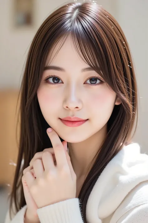 The face is positioned exactly in the center of the image , , the entire head is fully reflected , Face clearly visible、hoodie, Women's Room Background , long hair、bungs, smile, young and cute japanese face , Official Art, high image quality CG Unity 8k wa...