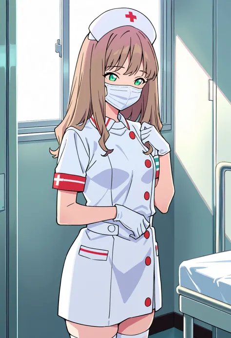 Score_9, score_8_up, score_7_up, source_anime, 1girl, yume minami_1, brown hair, long hair, green eyes, small breasts, (best quality), (high quality), {masterpiece}, extremely delicate and beautiful, ultra-detailed, beautiful detailed eyes, nurse, nurse ha...