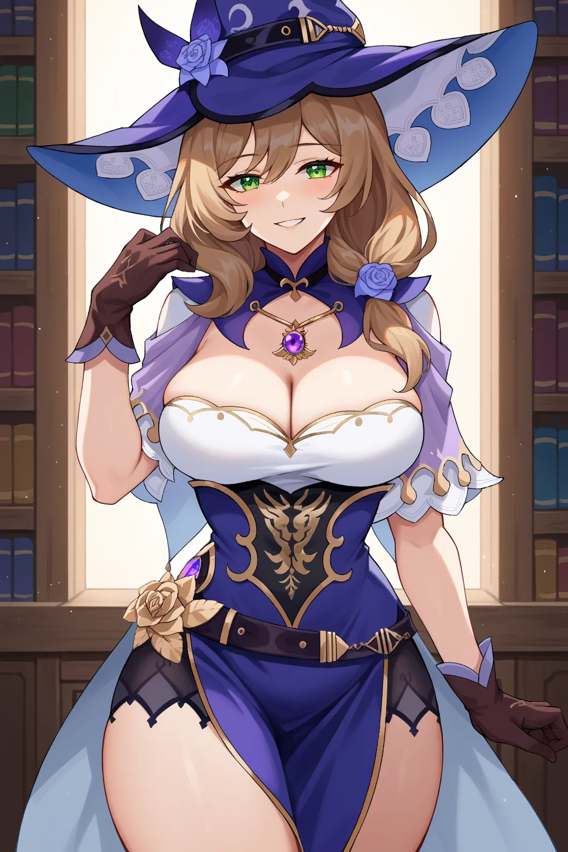 score_9, score_8_up, score_7_up, source_anime,
lisaminci, lisa minci, brown hair, green eyes, long hair, low tied hair, smile, mature female,
belt, capelet, cleavage, wide hips, thick thighs, big breasts, gloves, hat, hat belt, jewelry, necklace, pendant, ...