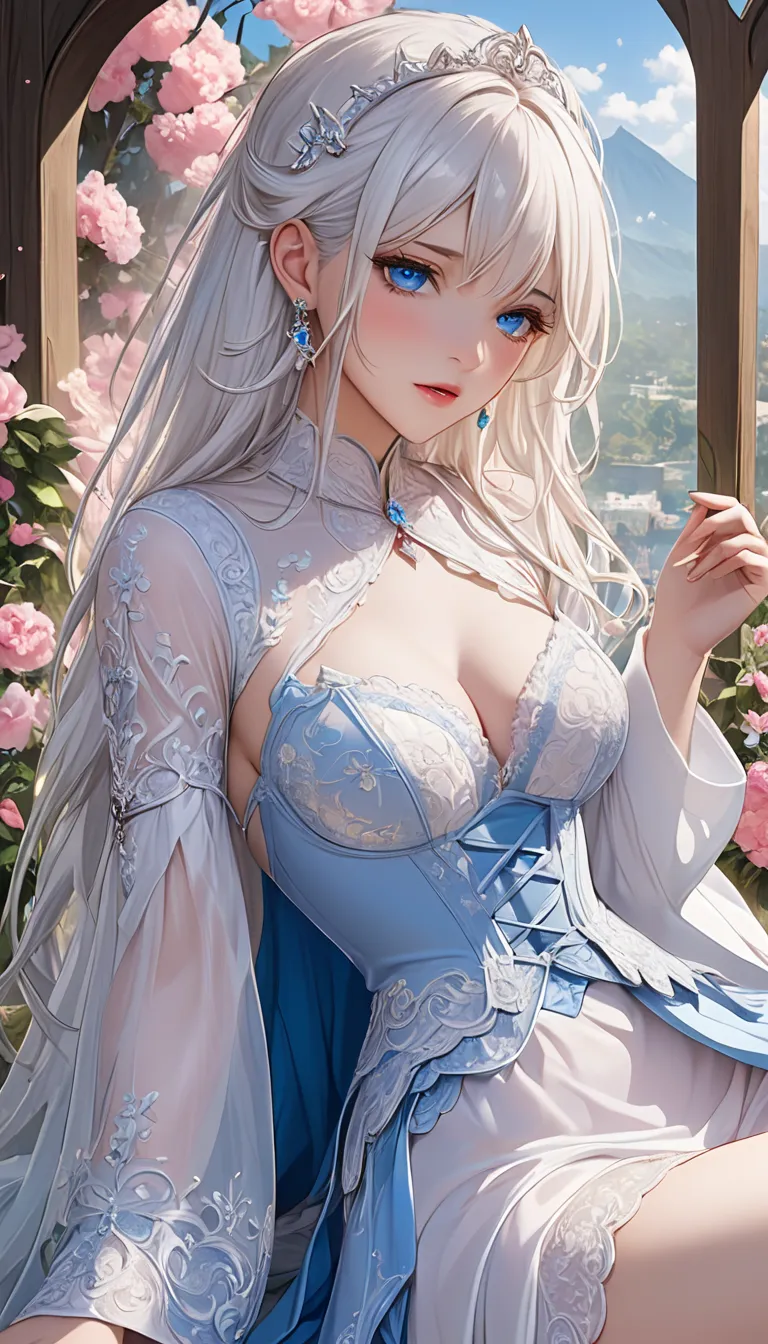 ((extremely detailed CG Unity 8K wallpaper)),  masterpiece, super detailed, float, High Resolution, Sexual suggestion, (Small,  unusually long white hair , Princess, White Mage, blue eyes, ( gorgeous long white and red translucent layered maxi dress, with ...