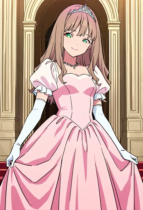 Score_9, score_8_up, score_7_up, source_anime, 1girl, yume minami_1, brown hair, long hair, green eyes, small breasts, (best quality), (high quality), {masterpiece}, extremely delicate and beautiful, ultra-detailed, beautiful detailed eyes, princess, pink ...