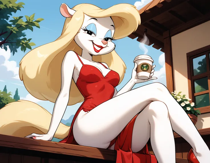 masterpiece,best quality, highly detailed, score_9, score_8_up, score_7_up, score_6_up,BREAK minerva mink, 1girl, white fur, blonde hair, viewed from below, fluffy blonde tail, solo, black eyes, looking at viewer, long hair, (red dress), legs slightly spre...