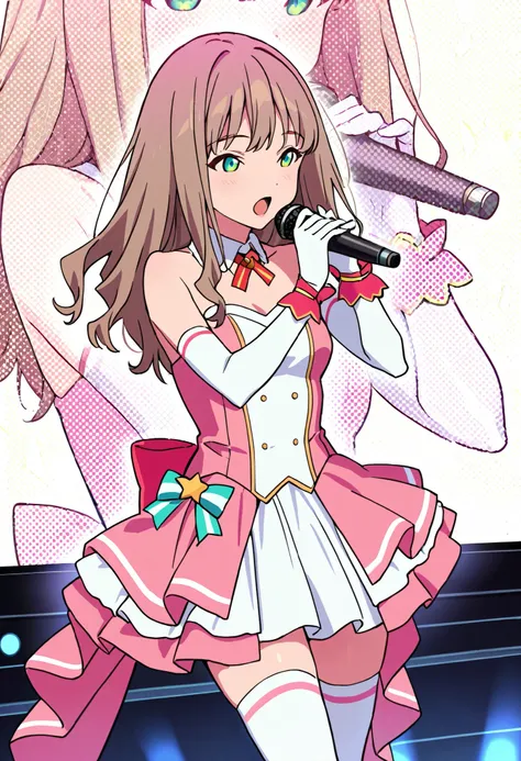 Score_9, score_8_up, score_7_up, source_anime, 1girl, yume minami_1, brown hair, long hair, green eyes, small breasts, (best quality), (high quality), {masterpiece}, extremely delicate and beautiful, ultra-detailed, beautiful detailed eyes, idol, idol cost...