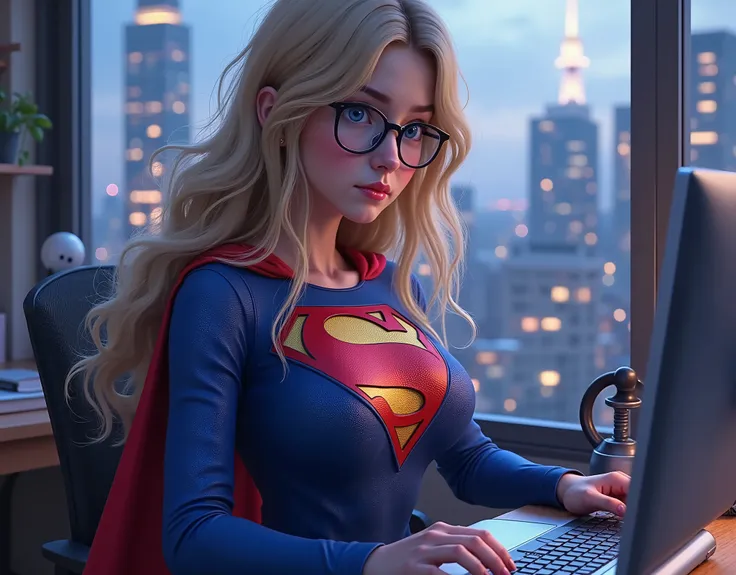 A Girl, A Suit, A Destiny A stunning blonde 16-year-old girl with piercing blue eyes and stylish glasses sits at her desk, the soft glow of her computer screen reflecting in her lenses. Her slim, delicate fingers type quickly as she scrolls through an onli...