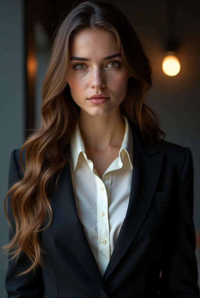 "A woman's body on her side, about 18 years old, extremely young., European features, light brown eyes, extremely long hair with a delicate clip. Her costume is a combination of a dark tailoring blazer, adjusted to the body, with a white satin shirt,  slig...