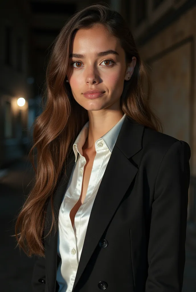 "A side woman, about 18 years old, extremely young., European features, seria, light brown eyes, extremely long hair with a delicate clip. Her costume is a combination of a dark tailoring blazer, adjusted to the body, with a white satin shirt,  slightly op...