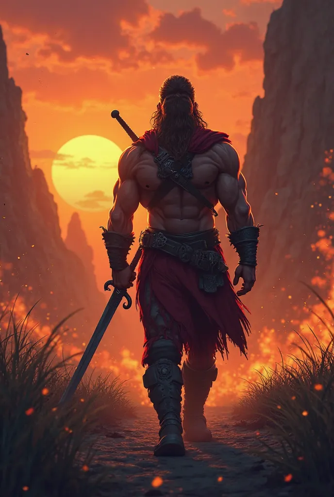 My character strolling away with his sword resting on his shoulder, the battlefield fading into the dark behind him. A beautiful sunset or some glowing embers would really add to the vibe, making it feel like he's just wrapped up an epic adventure! Create ...