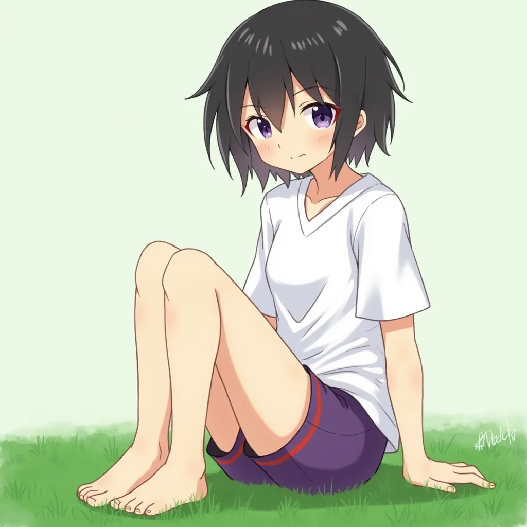 Videl, 1girl, short hair, white shirt, purple shirt, bike shorts  black hair, score_9, score_8, score_8, solo, portrait, looking at viewer, outdoors, grass, foot, focus on feet, beautiful feet, bare feet, soles, focus on soles