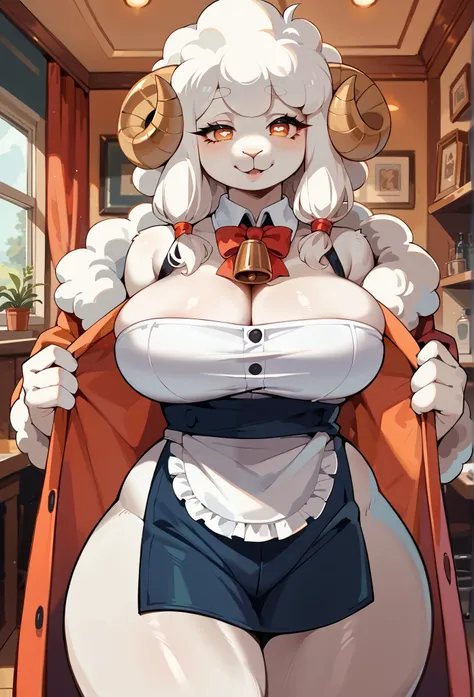 Alone , feminine, white fur, sheep,  soft coat, thin body pupils, source: anime, best quality, seductive expression, Hotel room environment, waitress, anthropo, big breasts:1, wide hips:1

