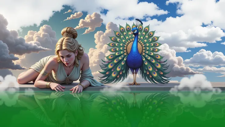Hera seated gracefully at the edge of a lake surrounded by clouds. The lake's water has an ethereal quality, appearing like a screen or mirror through which she observes mortals. The scene conveys divinity, tranquility, and connection to the mortal realm, ...