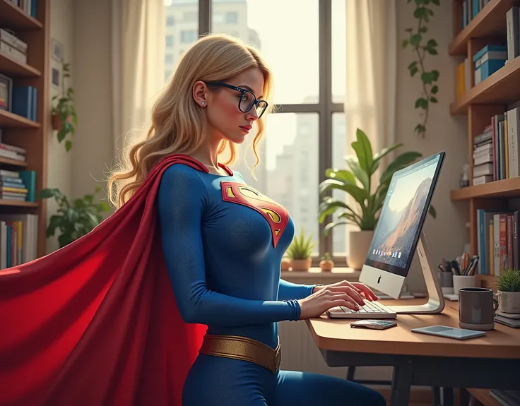 LOOKING UP AT THE VIEWER, A Girl, A Suit, A Destiny A stunning blonde HAIR 18-year-old NERDY GEEK girl with piercing blue eyes and stylish glasses STANDS at her desk, the soft glow of her computer screen reflecting in her lenses. LOOKIN AT THE VIEWER AS He...