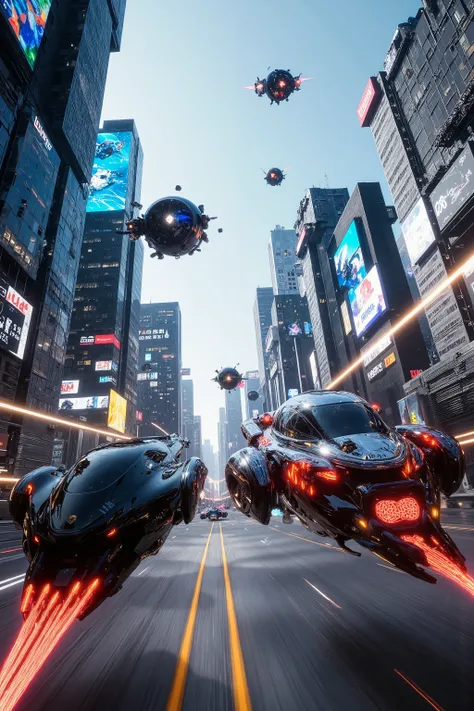 (best quality,4k,8k,highres,masterpiece:1.2), photorealistic,photo-realistic:1.37),highly detailed, futuristic metropolis. Super high skyscrapers with media screens covering the structures instead of windows. 2 hover vehicles, one super reflective black, a...