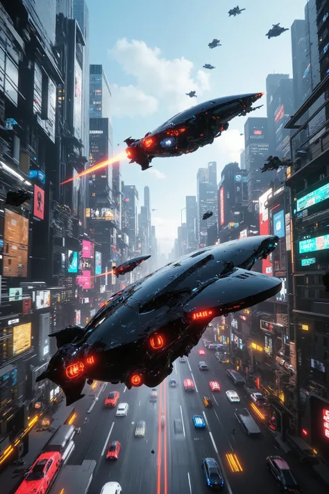 (best quality,4k,8k,highres,masterpiece:1.2), photorealistic,photo-realistic:1.37),highly detailed, futuristic metropolis. Super high skyscrapers with media screens covering the structures instead of windows. 2 hover vehicles, one super reflective black, a...