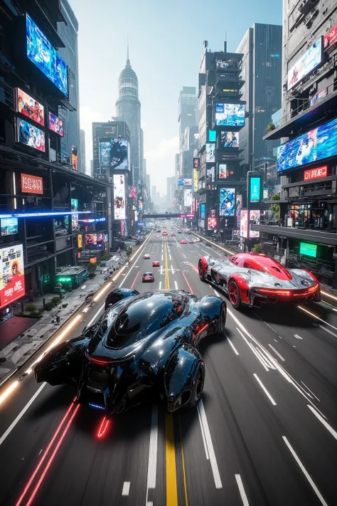 (best quality,4k,8k,highres,masterpiece:1.2), photorealistic,photo-realistic:1.37),highly detailed, futuristic metropolis. Super high skyscrapers with media screens covering the structures instead of windows. 2 hover vehicles, one super reflective black, a...