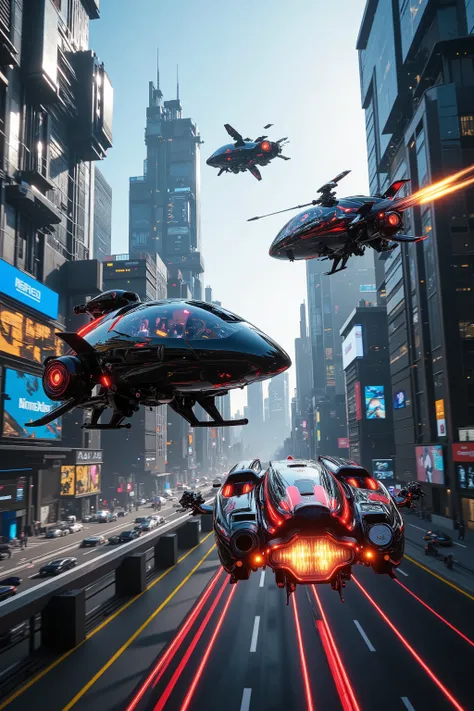 (best quality,4k,8k,highres,masterpiece:1.2), photorealistic,photo-realistic:1.37),highly detailed, futuristic metropolis. Super high skyscrapers with media screens covering the structures instead of windows. 2 hover vehicles, one super reflective black, a...