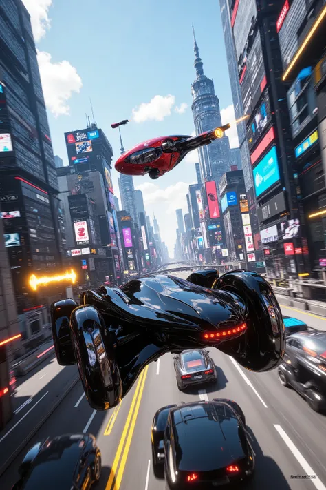 (best quality,4k,8k,highres,masterpiece:1.2), photorealistic,photo-realistic:1.37),highly detailed, futuristic metropolis. Super high skyscrapers with media screens covering the structures instead of windows. 2 hover vehicles, one super reflective black, a...