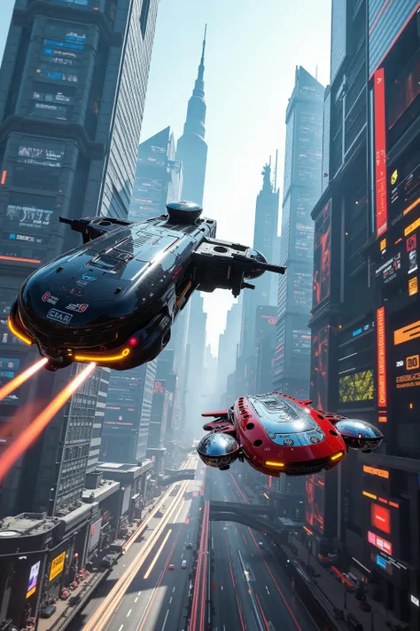 (best quality,4k,8k,highres,masterpiece:1.2), photorealistic,photo-realistic:1.37),highly detailed, futuristic metropolis. Super high skyscrapers with media screens covering the structures instead of windows. 2 hover vehicles, one super reflective black, a...