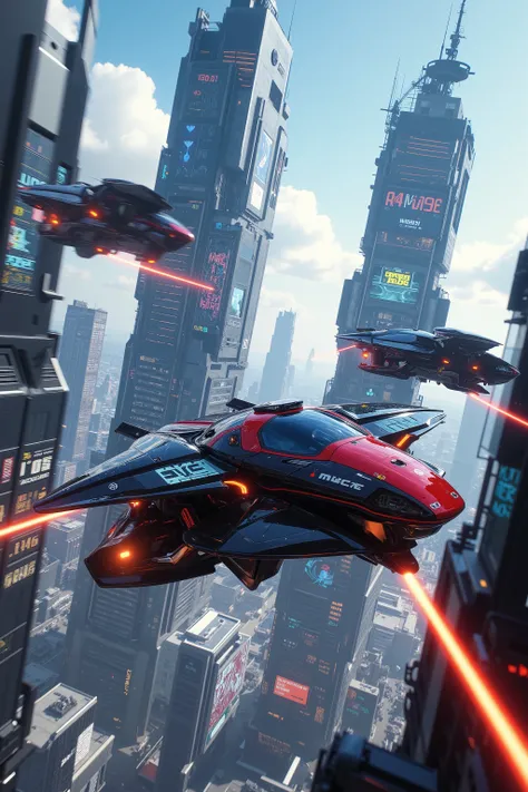 (best quality,4k,8k,highres,masterpiece:1.2), photorealistic,photo-realistic:1.37),highly detailed, futuristic metropolis. Super high skyscrapers with media screens covering the structures instead of windows. 2 hover vehicles, one super reflective black, a...