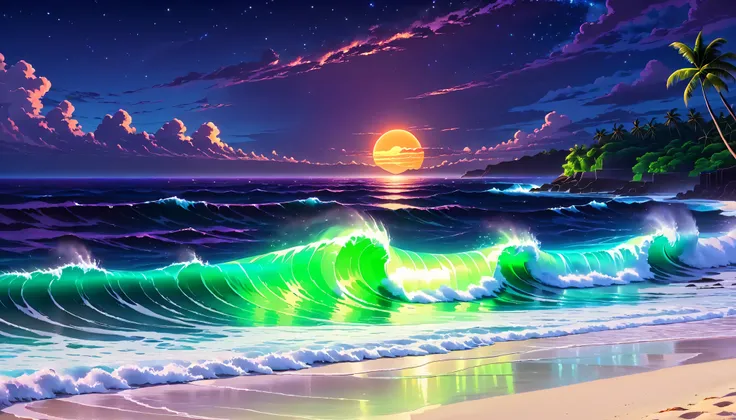 超high image quality,high image quality,high quality,Spectacular views at night,Tropical Beach, light green to bright green ,The ocean breeze is blowing,blue fluorescent beaches expand spectacular ocean views,(There are also dark purple and orange single-lu...