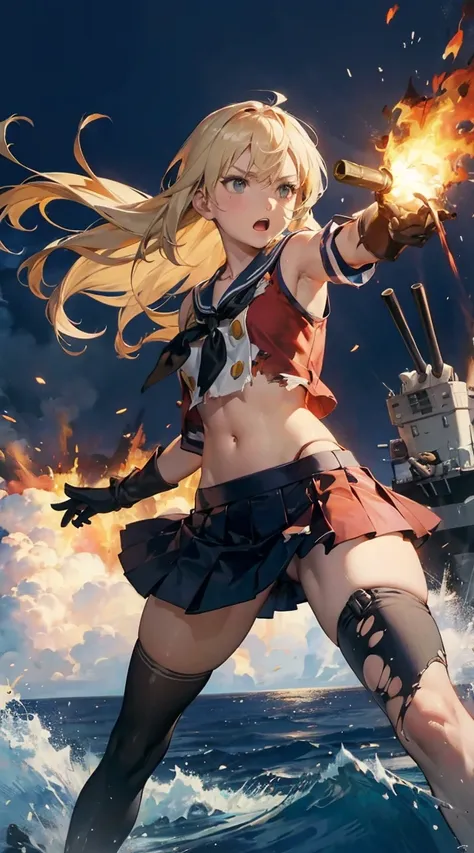 score_9, score_8_up, score_7_up, source_anime, absurd_res,shimakaze (kancolle),intense battlefield, rapid movement, dodging enemy fire, determined expression, grey eyes, blonde hair, long hair flowing in the wind, hair ornament, pleated microskirt, school ...