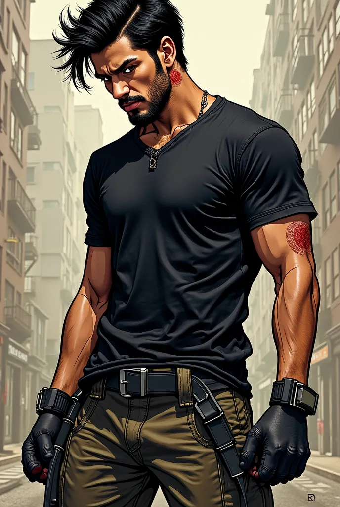 Estilo: comic american, man, joven, scar on the neck , black hair; Tousled; , brown eyes, barba definite mandible, M65, cargo pants, black short sleeve shirt, Military Boots, John Constantine