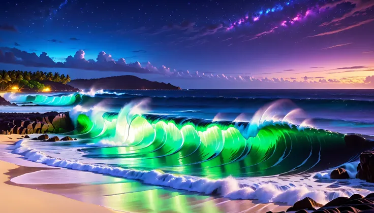 超high image quality,high image quality,high quality,Spectacular views at night,Tropical Beach, light green to bright green ,The ocean breeze is blowing,blue fluorescent beaches expand spectacular ocean views,(There are also dark purple and orange single-lu...