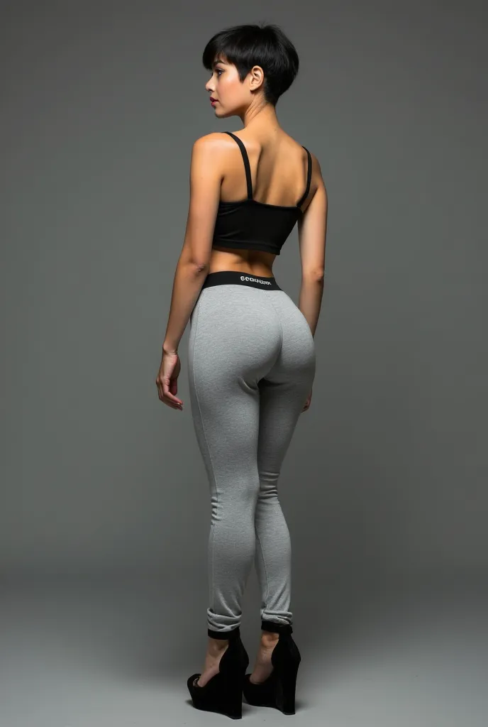 A full body shot of an asain women getting a short buzzed haircut with bangs. Thick thighs. Wering black velvet wedge heels. Big beautiful bubble butt. Wearing grey skin tight sport pants with a brand on the rim of it. 