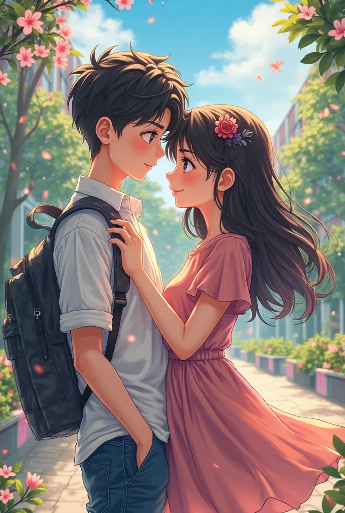 Create a cover for my book A White Boy and a Brunette in anime details and they're high schoolers. A is brunette! black ethnicity