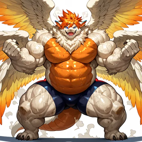 anthro flammie_mana, furred dragon, neck fur, orange hair, blue eye, orange underbelly, feathered Wings, color tipped wings, four wings, long thick tail, heavy weight bulky massive fat, giant muscular body, thick thighs, thick arms, big pectoral muscles, v...