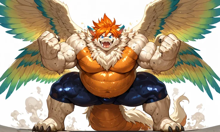 anthro flammie_mana, furred dragon, neck fur, orange hair, blue eye, orange underbelly, feathered Wings, color tipped wings, four wings, long thick tail, heavy weight bulky massive fat, giant muscular body, thick thighs, thick arms, big pectoral muscles, v...