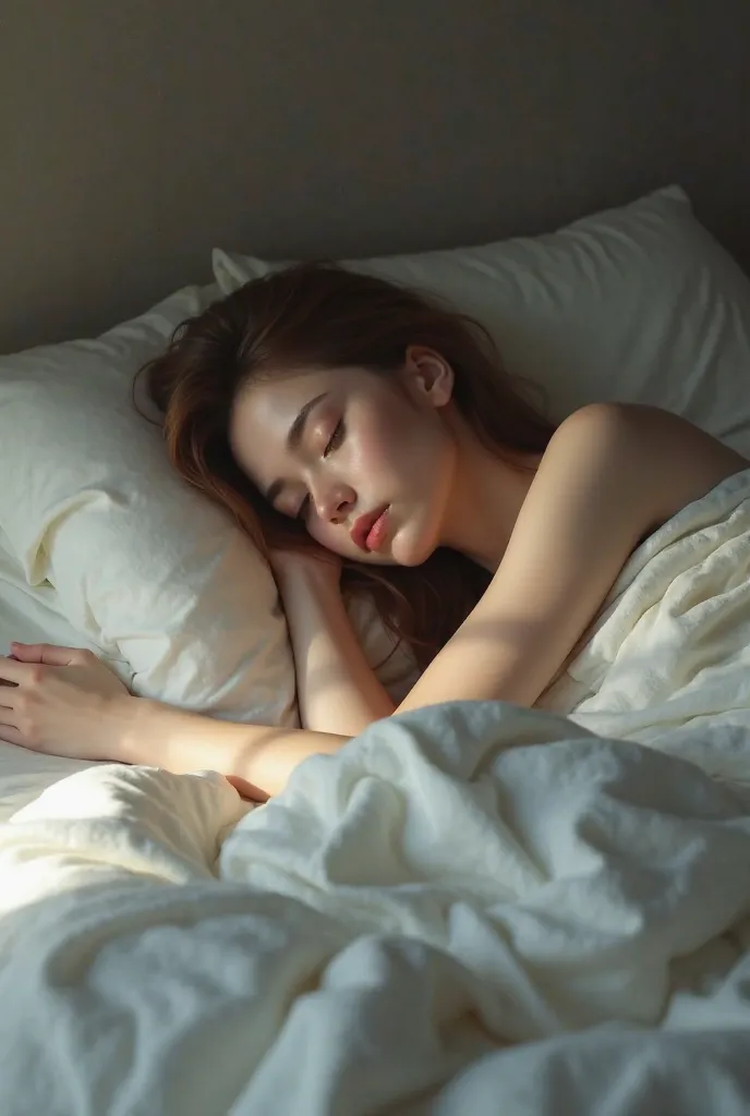 A naked girl lies on the bed and sleeps covered with a blanket