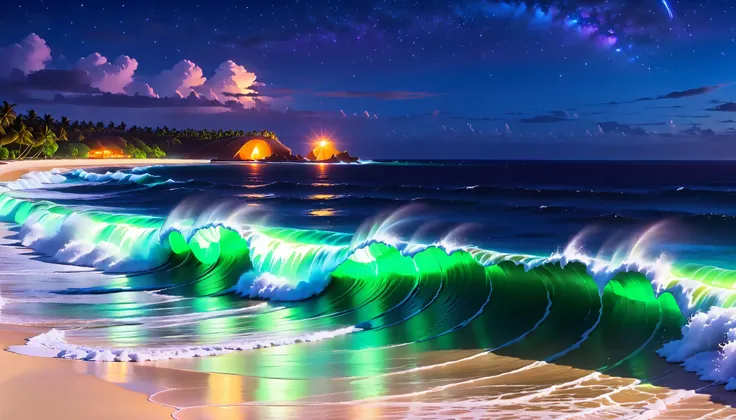 超high image quality,high image quality,high quality,Spectacular views at night,Tropical Beach, light green to bright green ,The ocean breeze is blowing,blue fluorescent beaches expand spectacular ocean views,(There are also dark purple and orange single-lu...