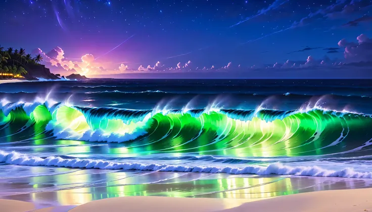 超high image quality,high image quality,high quality,Spectacular views at night,Tropical Beach, light green to bright green ,The ocean breeze is blowing,blue fluorescent beaches expand spectacular ocean views,(There are also dark purple and orange single-lu...