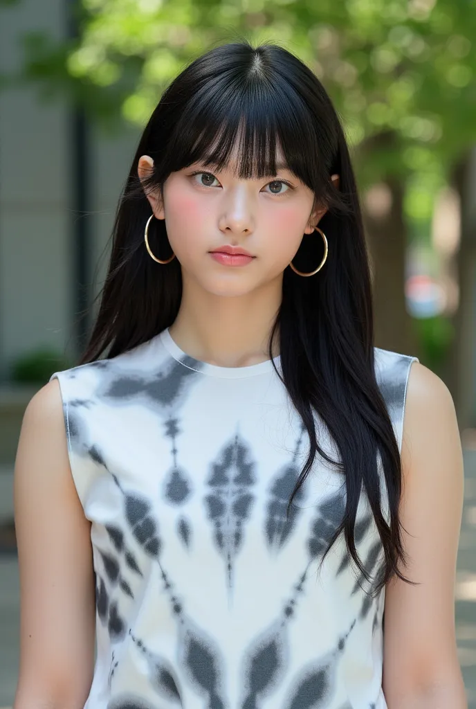 ((8k, natural lighting, Perfectly Front face, sleeveless)), (beautiful face of perfect proportion, No tilting or turning, Perfectly symmetrical and proportional body, face focus), looking at viewer, perfect symmetrical eyes, Outdoor stage, bangs, trees, ou...