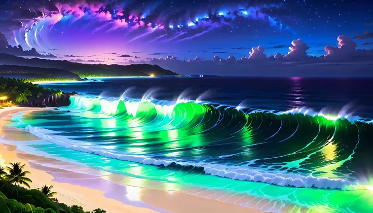 超high image quality,high image quality,high quality,Spectacular views at night,Tropical Beach, light green to bright green ,The ocean breeze is blowing,blue fluorescent beaches expand spectacular ocean views,(There are also dark purple and orange single-lu...