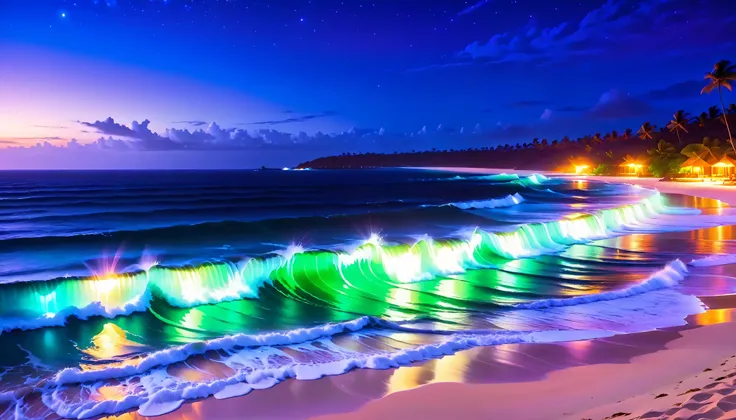 超high image quality,high image quality,high quality,Spectacular views at night,Tropical Beach, light green to bright green ,The ocean breeze is blowing,blue fluorescent beaches expand spectacular ocean views,(There are also dark purple and orange single-lu...