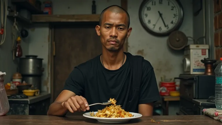 A young Indonesian man with a shaved head (Udin), wearing a black t-shirt and sarong, sitting in a small kos kitchen. He looks relieved as he scoops the last bite of food from his plate. A dimly lit kitchen with a warm morning ambiance. In the background, ...