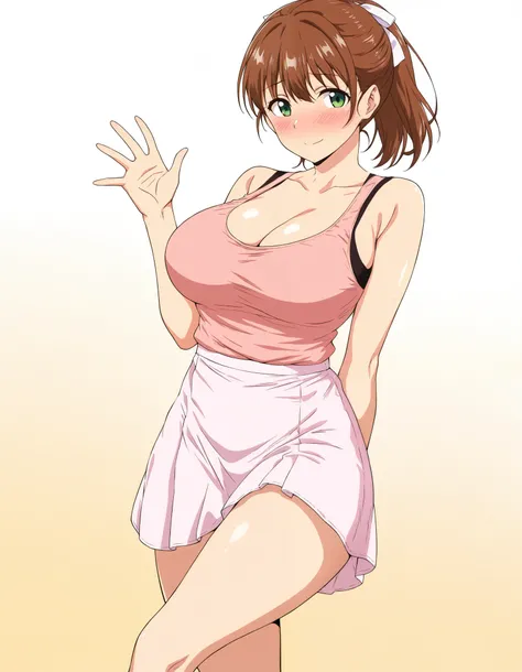 masterpiece, best quality, very aesthetic, absurdres, highres, newest, anime, realistc,Kasuga,solo,1girl,big breasts,5 fingers, short hair, looking at viewer, blush, smile, skirt, brown hair, ribbon, bare shoulders, closed mouth, green eyes, standing, coll...