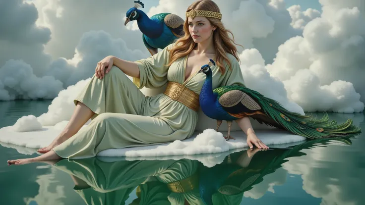 Hera seated gracefully at the edge of clouds. Surrounded by clouds. A realistic depiction of the goddess Hera, with golden hair. She is wearing a light green robe, embodying grace and divinity.  She wears a golden robe. Her crown is adorned with intricate ...
