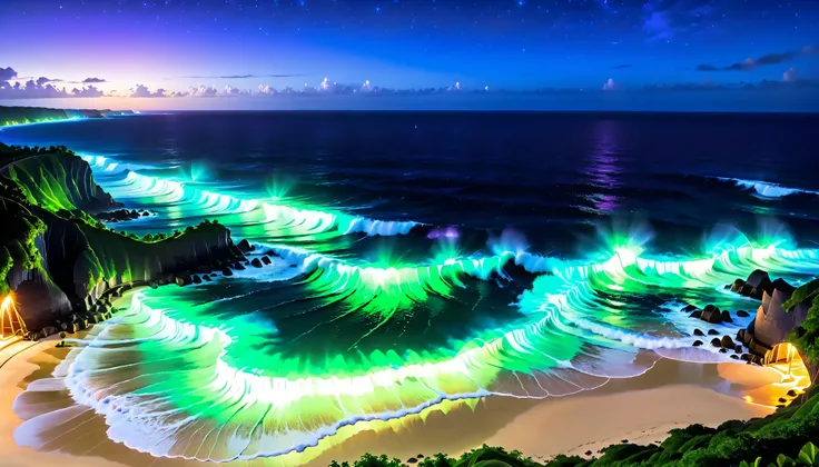 超high image quality,high image quality,high quality,Spectacular views at night,Tropical Beach, light green to bright green ,The ocean breeze is blowing,blue fluorescent beaches expand spectacular ocean views,(There are also dark purple and orange single-lu...