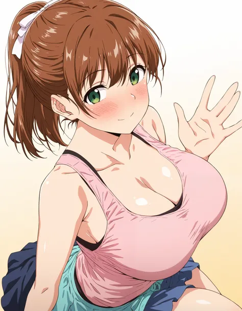 masterpiece, best quality, very aesthetic, absurdres, highres, newest, anime, realistc,Kasuga,solo,1girl,big breasts,5 fingers, short hair, looking at viewer, blush, smile, skirt, brown hair, ribbon, bare shoulders, closed mouth, green eyes, standing, coll...