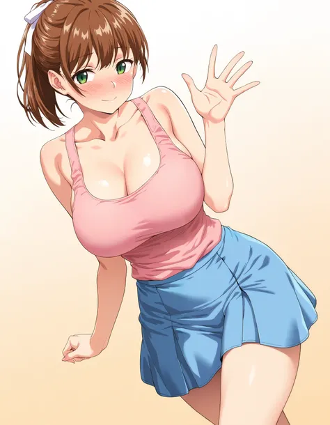 masterpiece, best quality, very aesthetic, absurdres, highres, newest, anime, realistc,Kasuga,solo,1girl,big breasts,5 fingers,5 fingers, short hair, looking at viewer, blush, smile, skirt, brown hair, ribbon, bare shoulders, closed mouth, green eyes, stan...