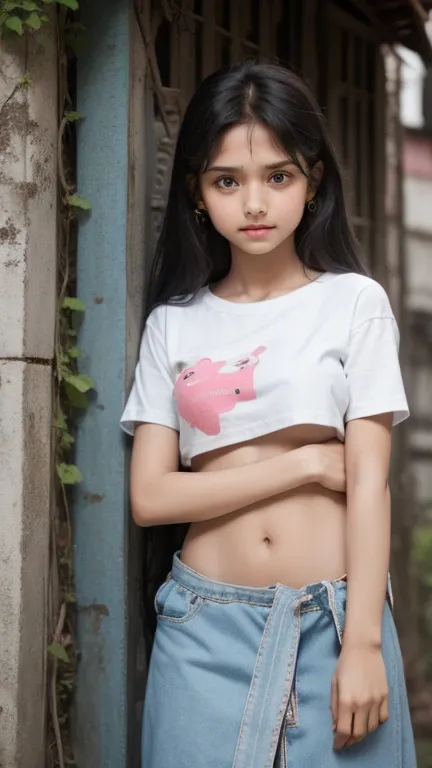 Small poor girl, small indian poor girl, sad small girl, detailed eyes, seducing moves, area of a her breasts below the nipple, often exposed by clothing like Tshirt, inside the poor house of village, Indian small girl, big smile showing teeth, underboobs ...