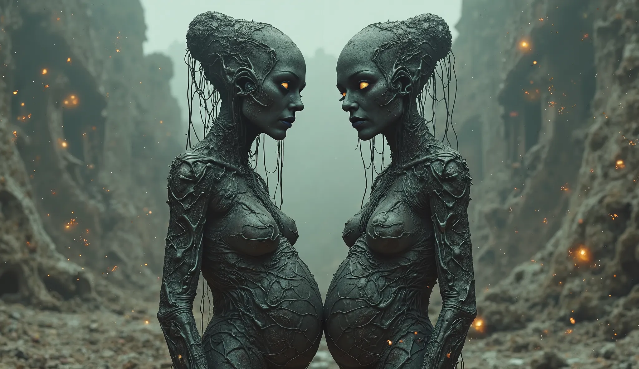 two lesbian abandoned young mummy made of dead crystal,slut,whore ,pregnant,nude, La Brea, radioactive atmosphere,charcoal mechanical clockwork , steampunk dark horror fantasy, ominous fairyland,large number of stars fly towards the viewer,ruined theme,lot...