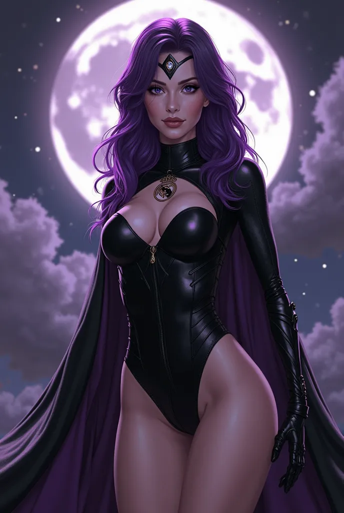 1girl, Pretty Caucasian (female), Sarah Shahi, a slim but muscular body, huge breasts, DC raven costume, black leotard, black cape, hood, purple hair, forehead jewel, purple eyes, short hair, belt, standing, exposed large cleavage, sexy pose, night, moonli...