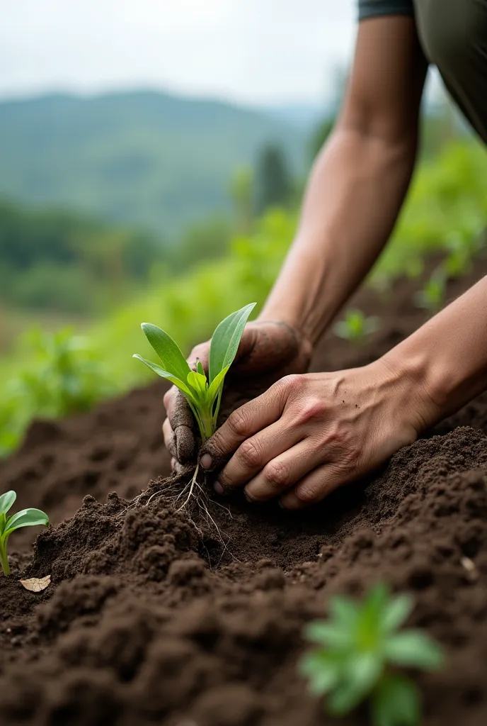 Close-up on someone planting vegetation on a slope.